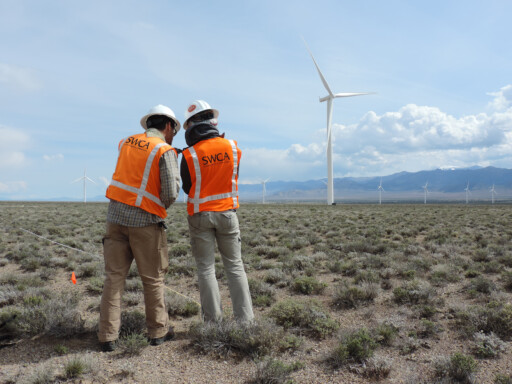 Two SWCA employees with safety vests and hard hats working in the field, near a wind turbine.