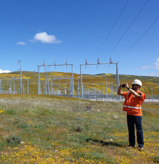 Person in safety vest taking photo with mobile phone in a field near transmission lines.
