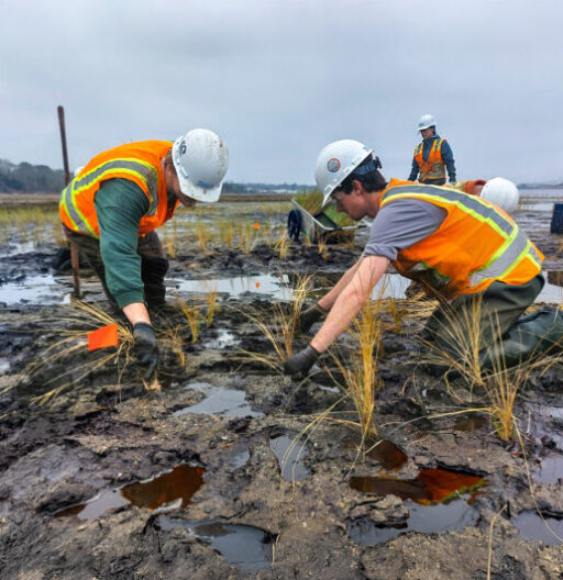 Four SWCA employees kneeling in a wetlands bog, assessing grasses growing in the water.
