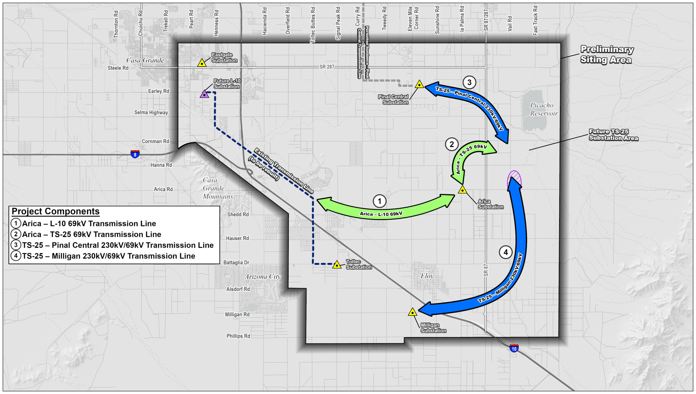 Conceptual connections for proposed transmission line improvements within the project study area on a 2D graphic. The graphic shows a map with road lines and conceptual connections for the proposed lines. 
