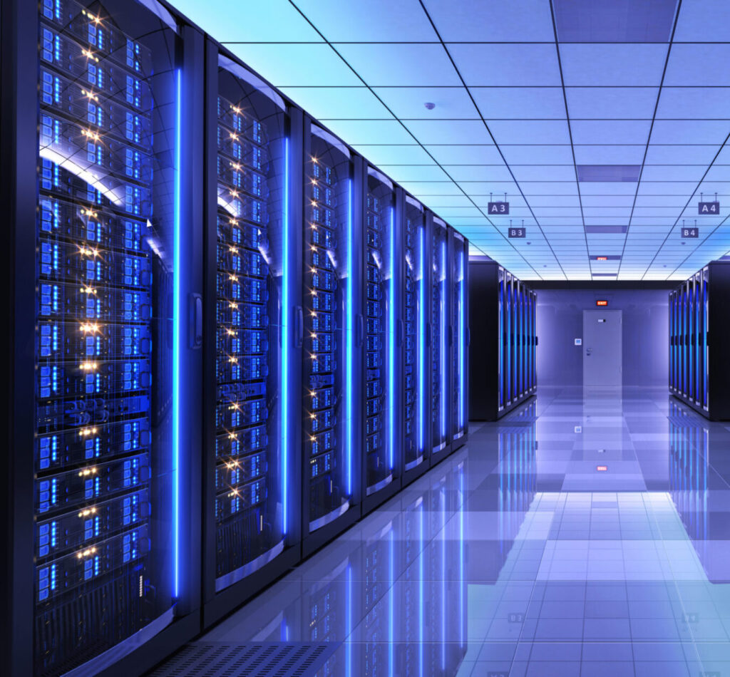 3D render of server racks in a data center.