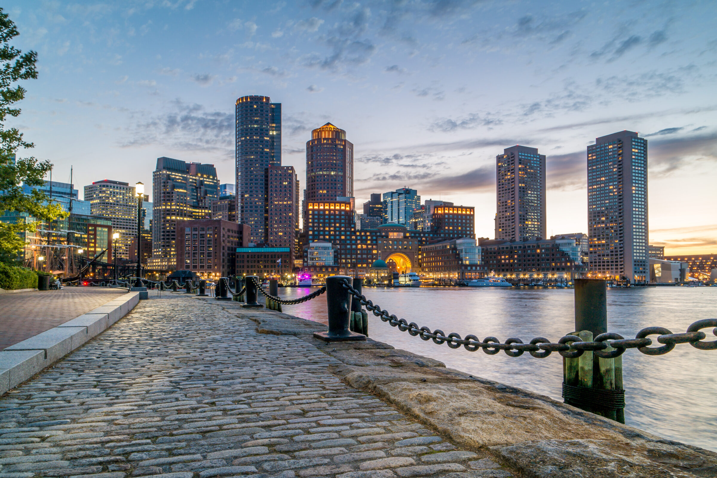 Boston Harbor and Financial District view from harbor on downtown
