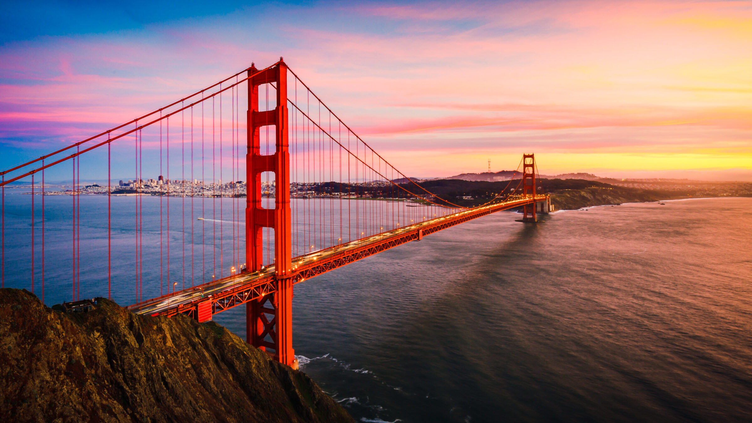 The Golden Gate Bridge at Sunset, San Francisco California.