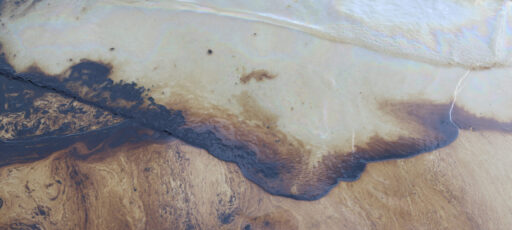 Shimmering oil slick on the water at a beach.