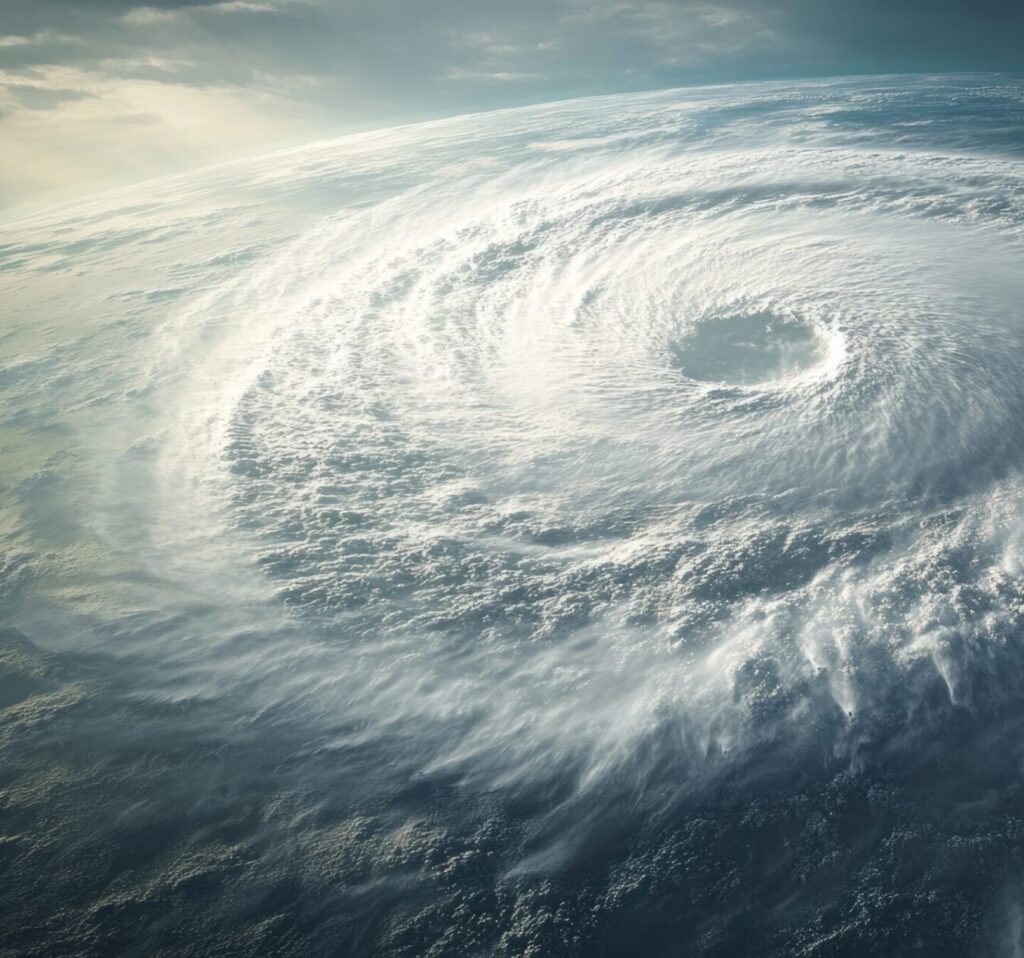 View of a circular hurricane cloud from above.