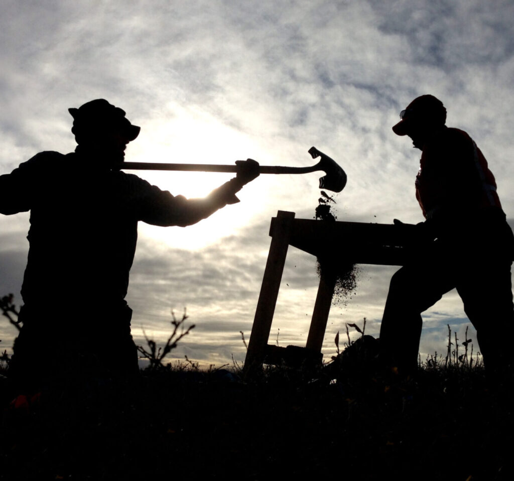 Backlit at sunrise, one person holding a shovel and pouring dirt through a sifter that another person holds steady.