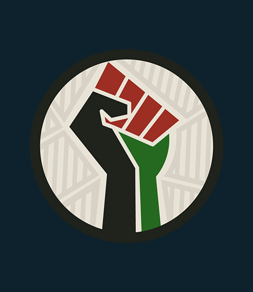 circular badge showing illustration of a fist in black, brown, and green