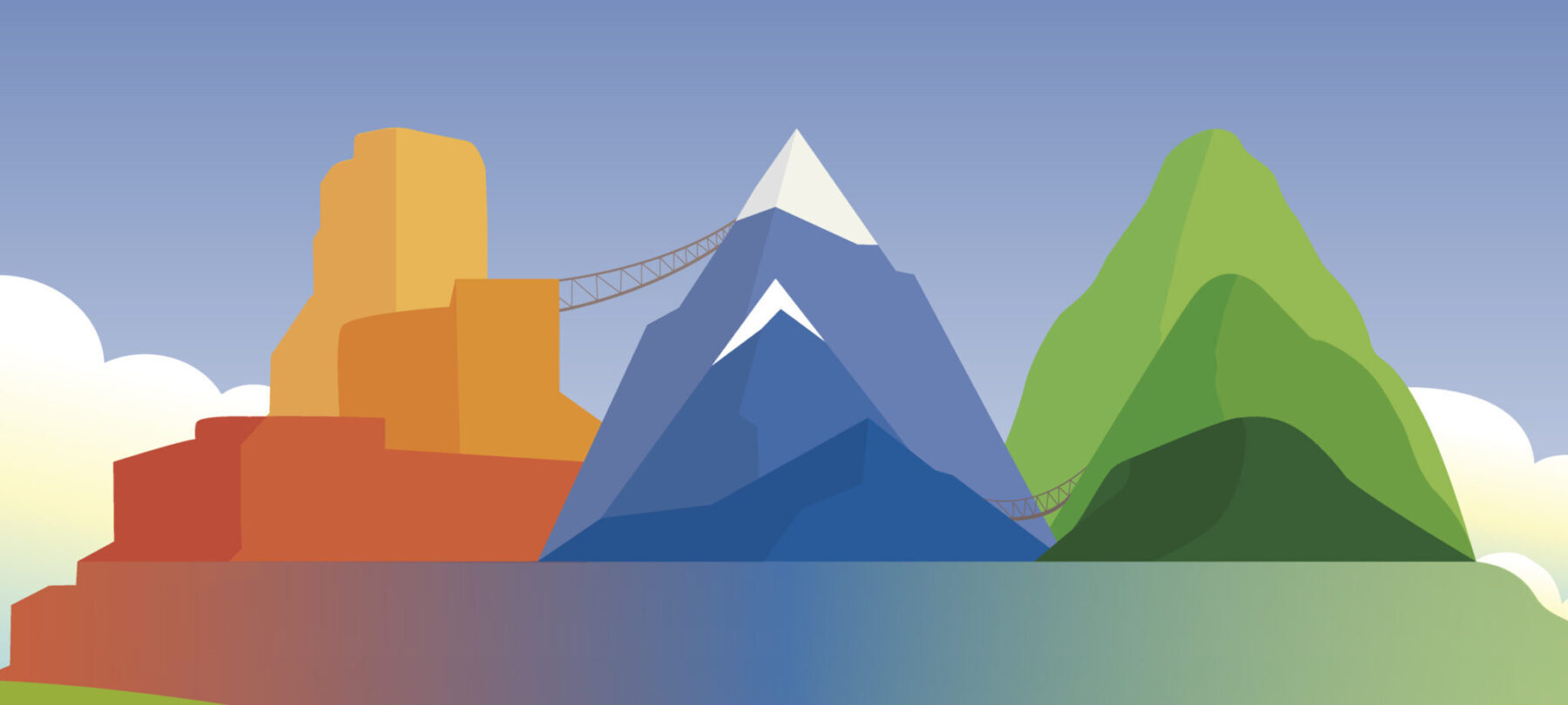 Flat vector style illustration of three mountainsides with rope paths connecting them.