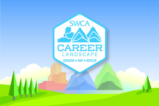 Flat vectors style illustration of the SWCA Career landscape badge in front of three mountains.