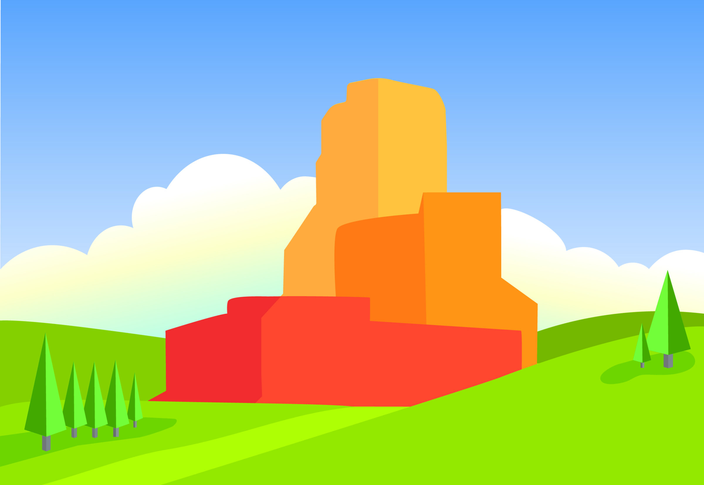 Flat vectors style illustration of one of the mountains from the main graphic. The orange one.