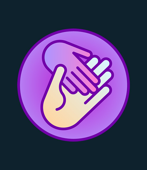 Circular badge of a small hand in a larger hand