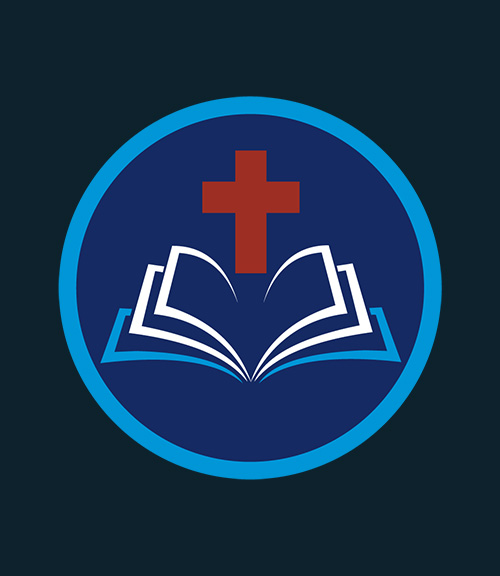 Circular badge of illustration of book and cross.