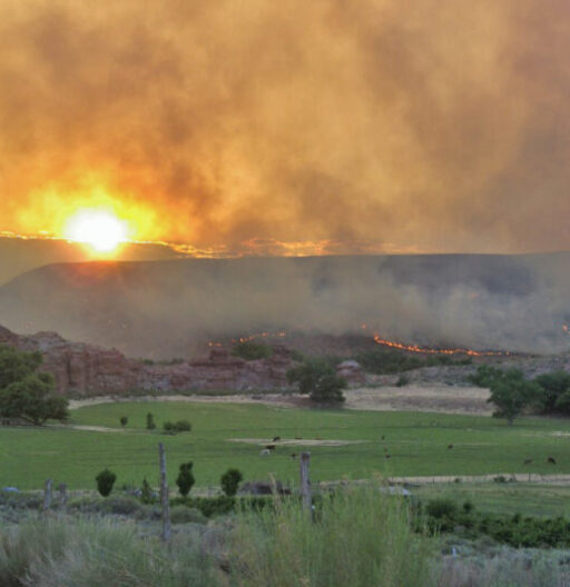 Landscape view of smoky air obscuring the sun, and a wildfire on the mountainside.