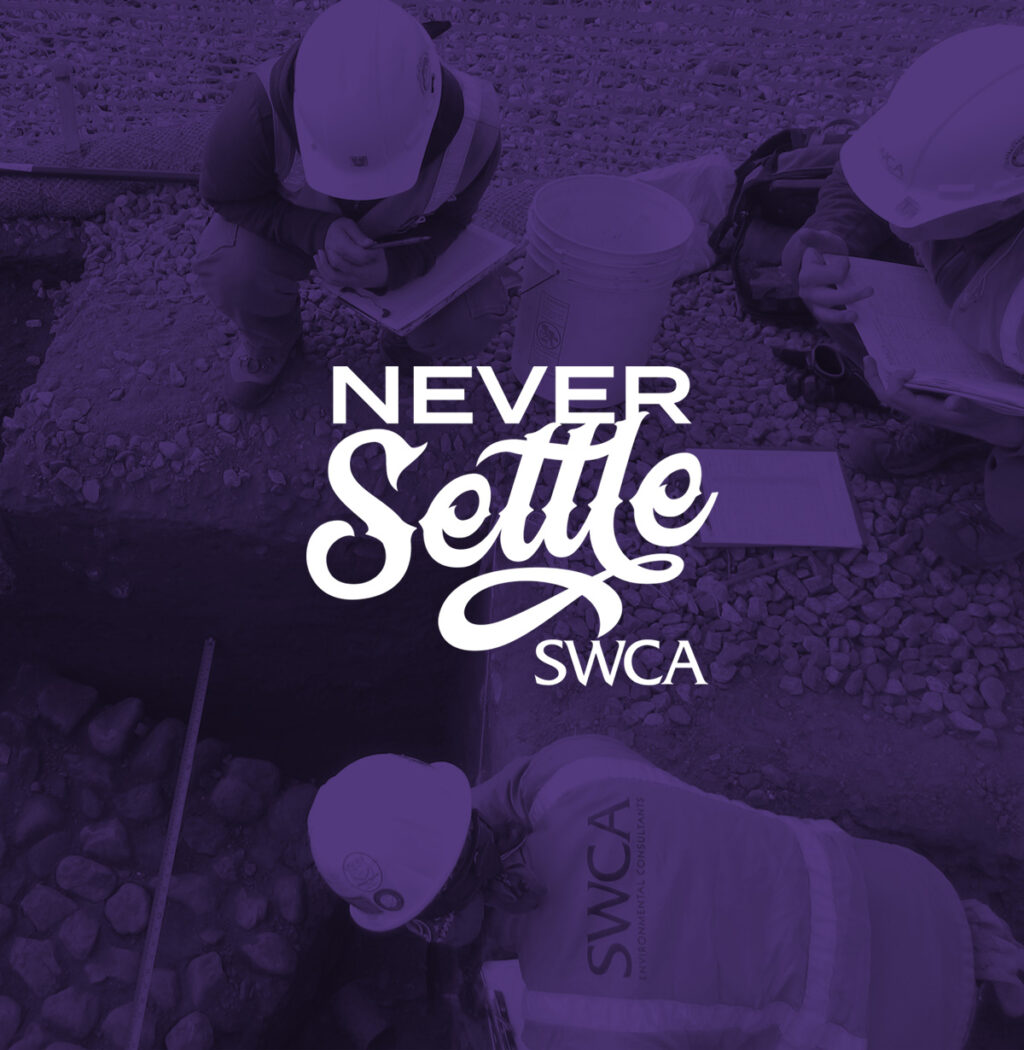 Never Settle SWCA tinted photo of workers in hard hats