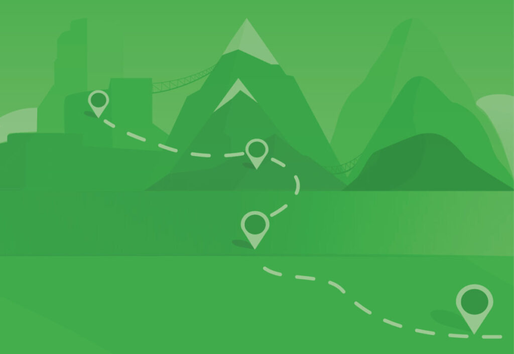 Flat vectors style illustration of map pins along the path leading to the three mountains.
