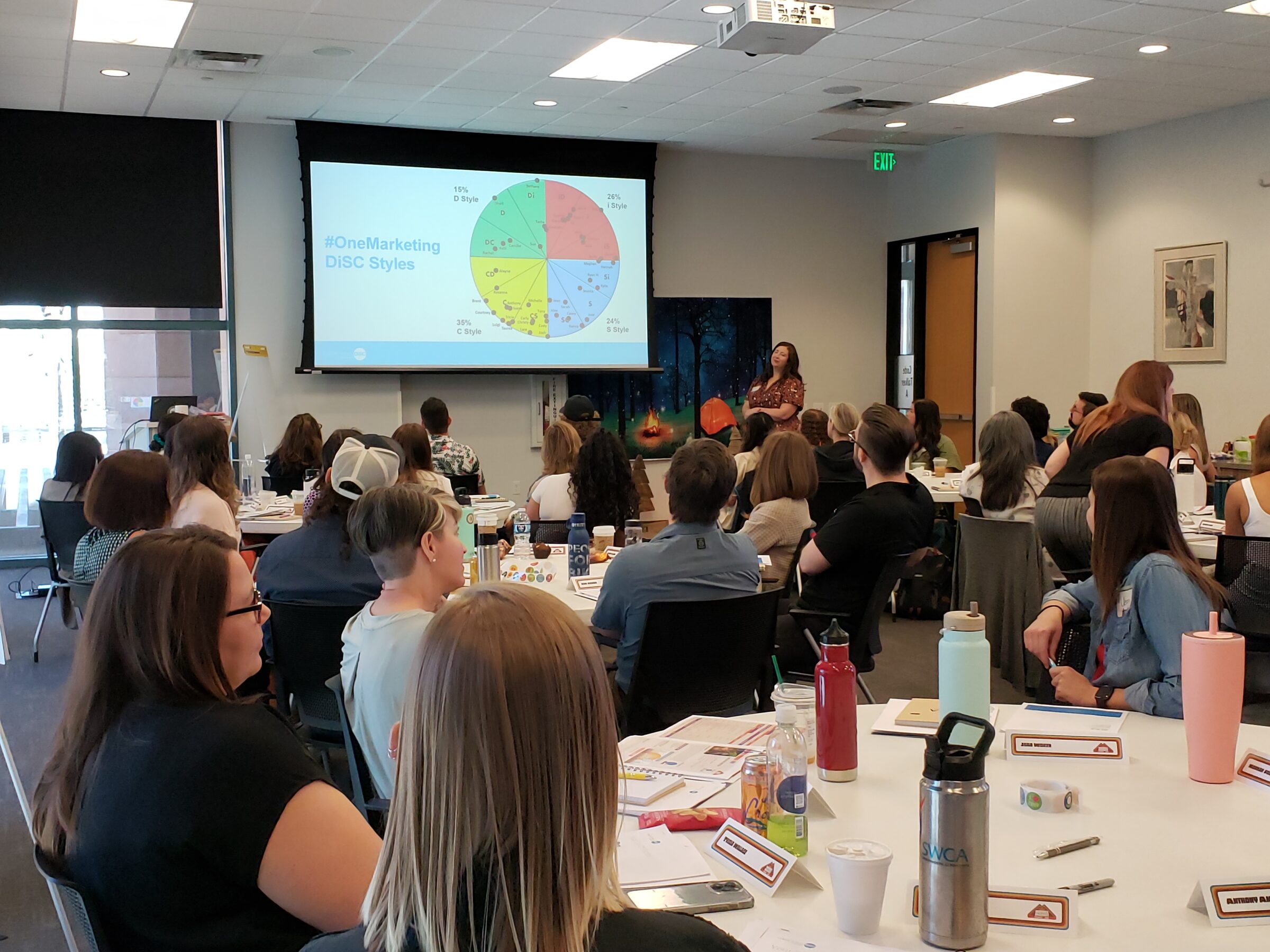 Conference room full of people . On the screenshare, graphic depicting DiSC Styles.