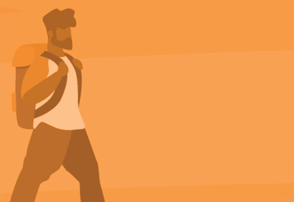 Flat vectors style illustration of a man walking with a backpack on.