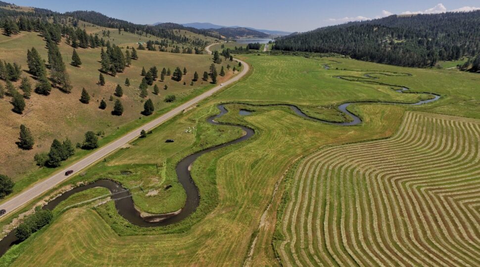 Aerial view of a river with horseshoe bends.