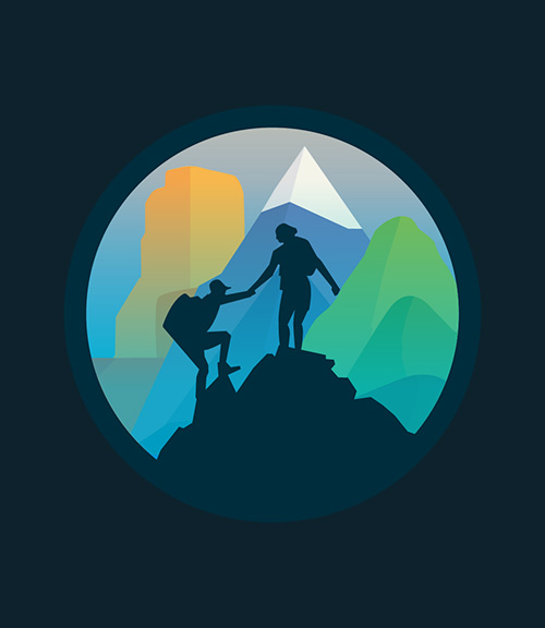 Circular badge of one person helping another to climb a mountain.
