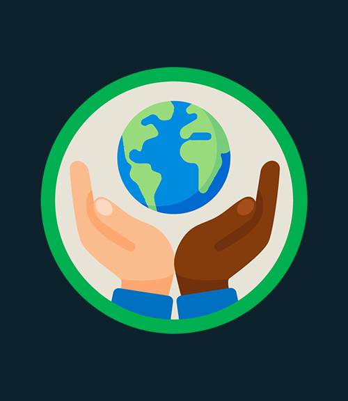 Circular badge of a white hand and a black hand cradling the earth.