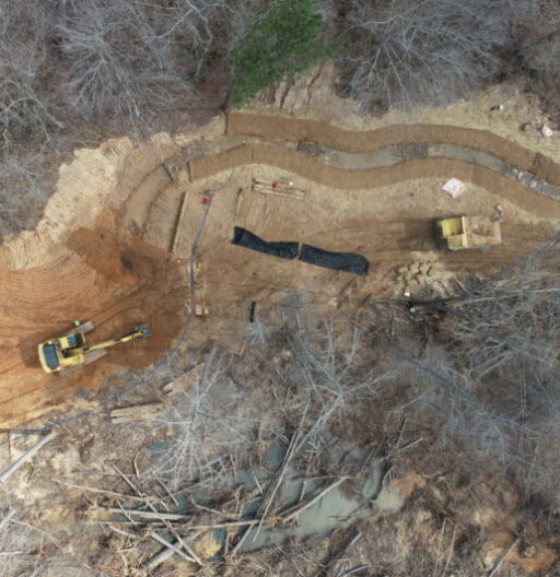 Drone camera aerial photo of a creek restoration project.