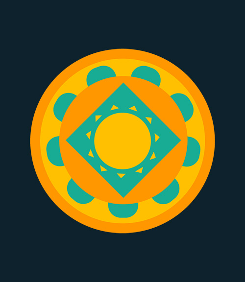 Circular badge of geometric designs with circle in a square in a circle, abstraction of the sun.
