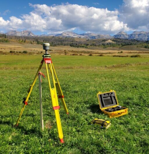 Surveying tripod and equipment set up in a grassy field.