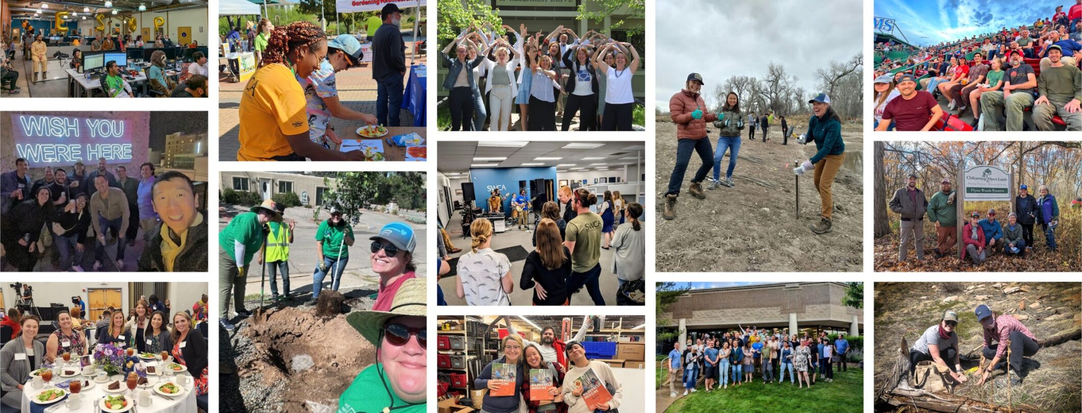 Grid of 13 different photos depicting people working and eating in teams.