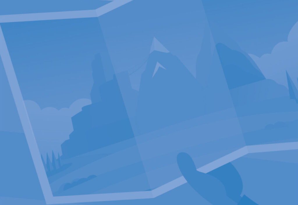 Flat vectors style illustration of a hand holding a folding map, with the 3 mountains on it.
