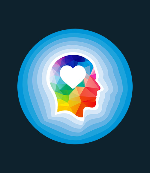 circular badge of a person in profile, abstracted, radiating love.
