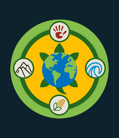 Circular badge of the earth, a handprint, mountain, corn, and wave.