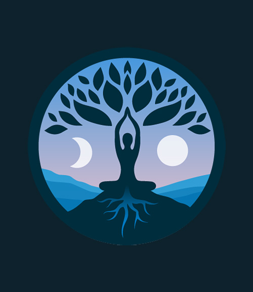 Circular badge of a person sitting in lotus position on a mountaintop, resembling a tree.