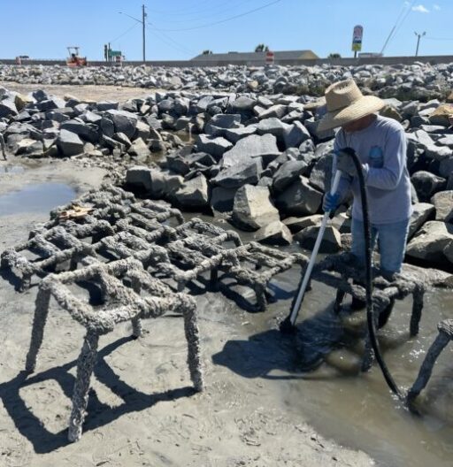 The construction phase of a living shoreline, showing a worker with some oyster castles.