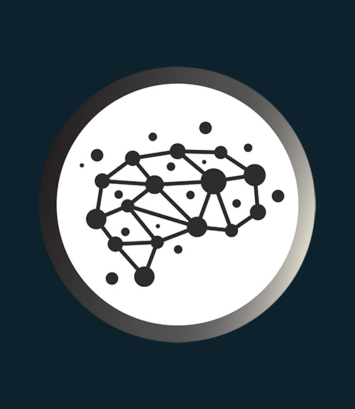 Circular badge of ball and stick forming the shape of a brain.