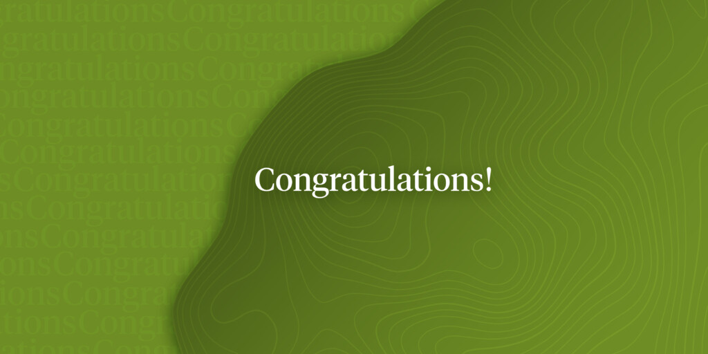 Congratulations spelled out on a green background.