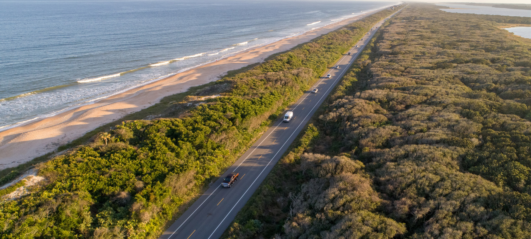 Aerial view of a two-lane road lined with trees, with an ocean shoreline on one side.