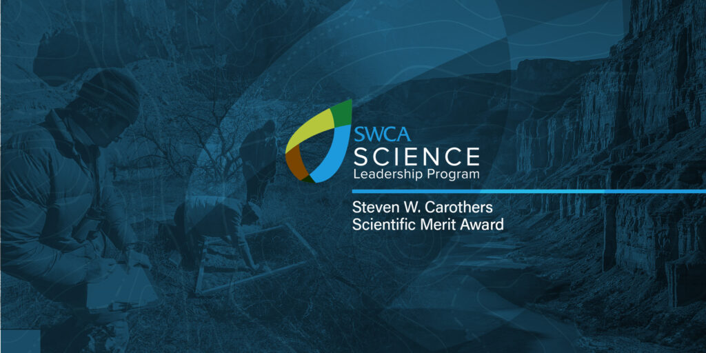 SWCA Science Leadership Program | Steven W. Carothers Scientific Merit Award featured image with the grand canyon in the background while people are working near the bank. The image has a blue filter on it.