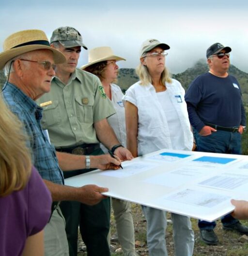 Several people gathered outdoors discussing the large posterboard they are holding.