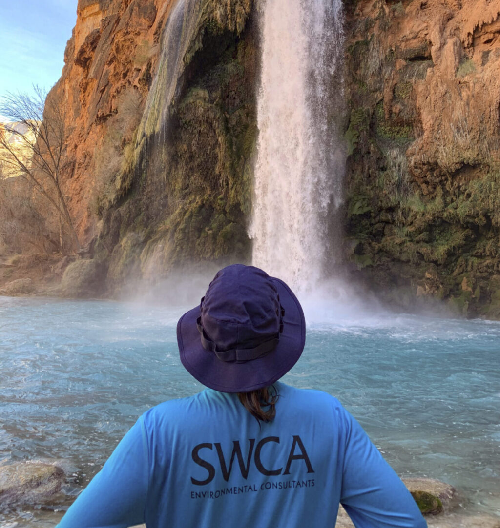 Over the shoulder view of person in SWCA shirt enjoying a waterfall.