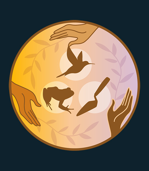Circular badge of hands surrounding a hummingbird, frog, and trowel.