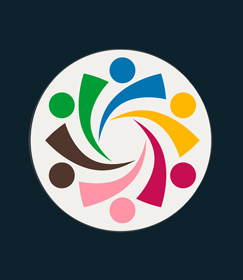 circular badge of abstract colorful shapes