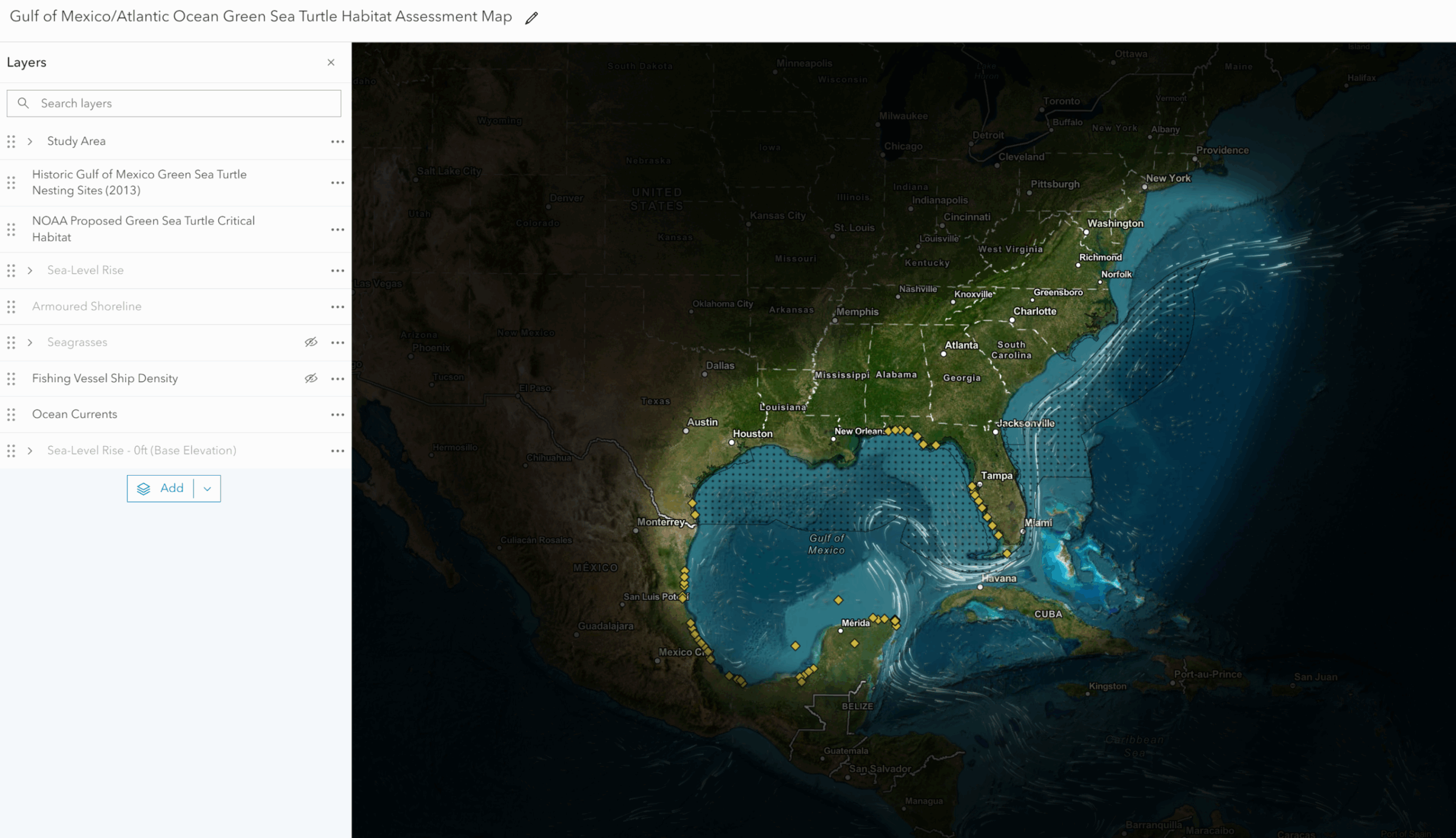 A map of the U.S., highlighting the Gulf of Mexico and showing paths in the water. 